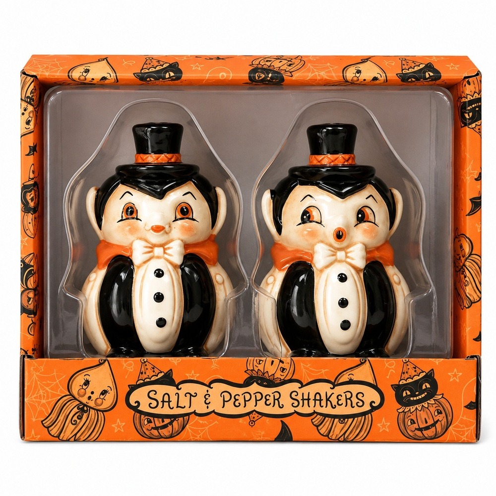 Johanna Parker Vampire Salt &‎ Pepper Shakers Ceramic Black Orange NEW NIB